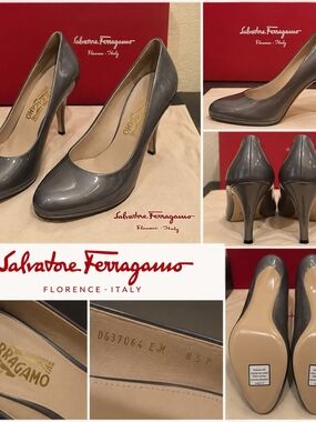 Salvatore Ferragamo Gray Patent Leather Pumps